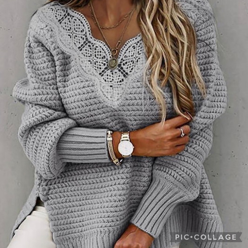 1 Left!! Gray Knit Sweater w/Lacy V - Picture 2 of 5